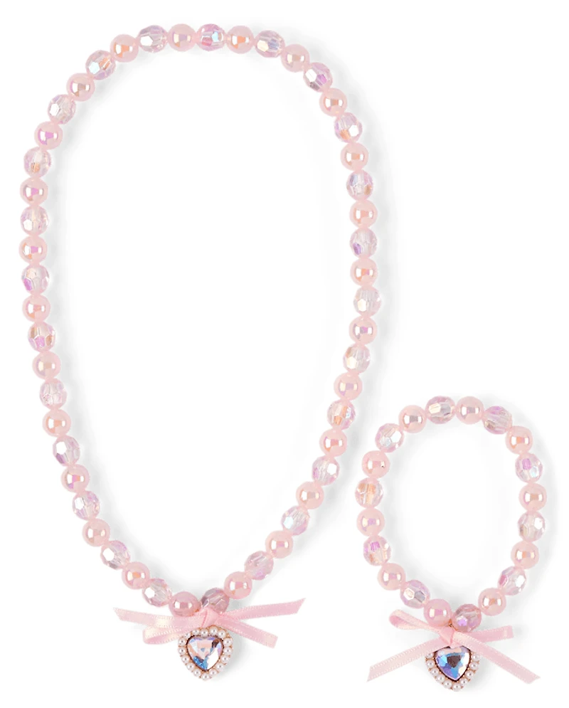 Girls Heart Beaded 2-Piece Jewelry Set