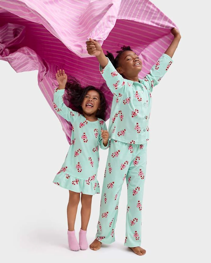 Girls Holiday Candy Cane Velour Button Front Pajamas