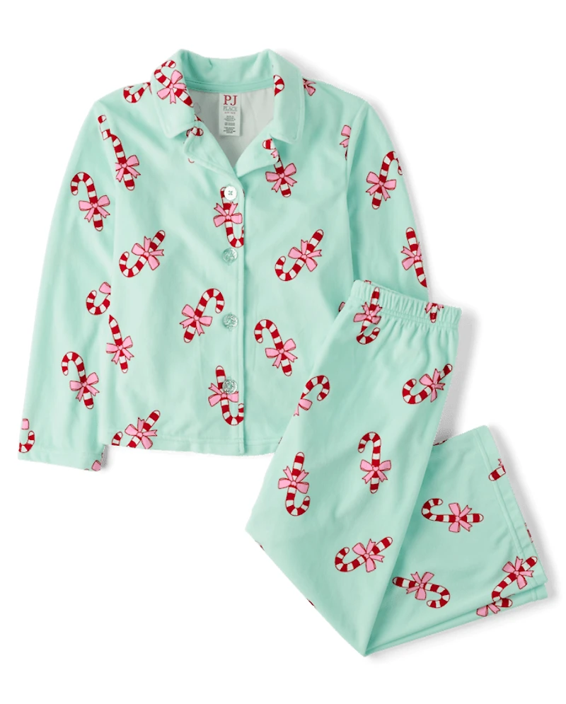 Girls Holiday Candy Cane Velour Button Front Pajamas