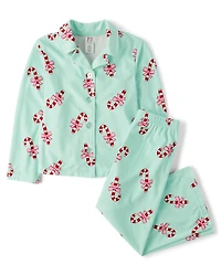 Girls Holiday Candy Cane Velour Button Front Pajamas