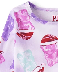 Girls Candy Bear Santa Hat Snug Fit Velour Pajamas