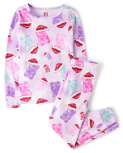 Girls Candy Bear Santa Hat Snug Fit Velour Pajamas