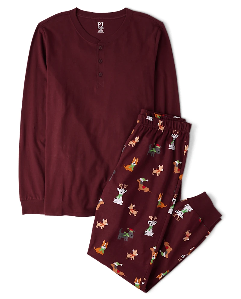 Mens Matching Family Holiday Dog Cotton Henley Pajamas
