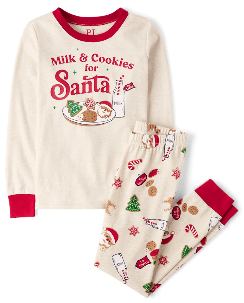 Pyjama en coton ajusté pour enfants, motif lait et biscuits