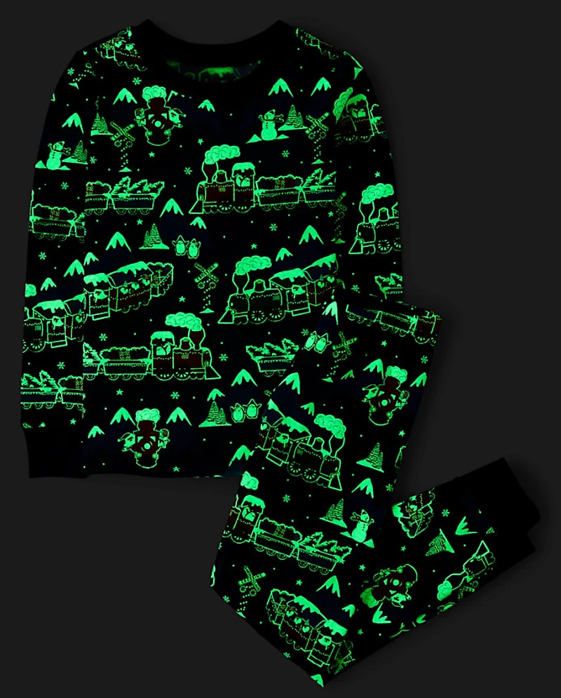 Pyjama en coton ajusté pour enfants, motif train de Noël lumineux
