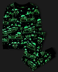 Pyjama en coton ajusté pour enfants, motif train de Noël lumineux