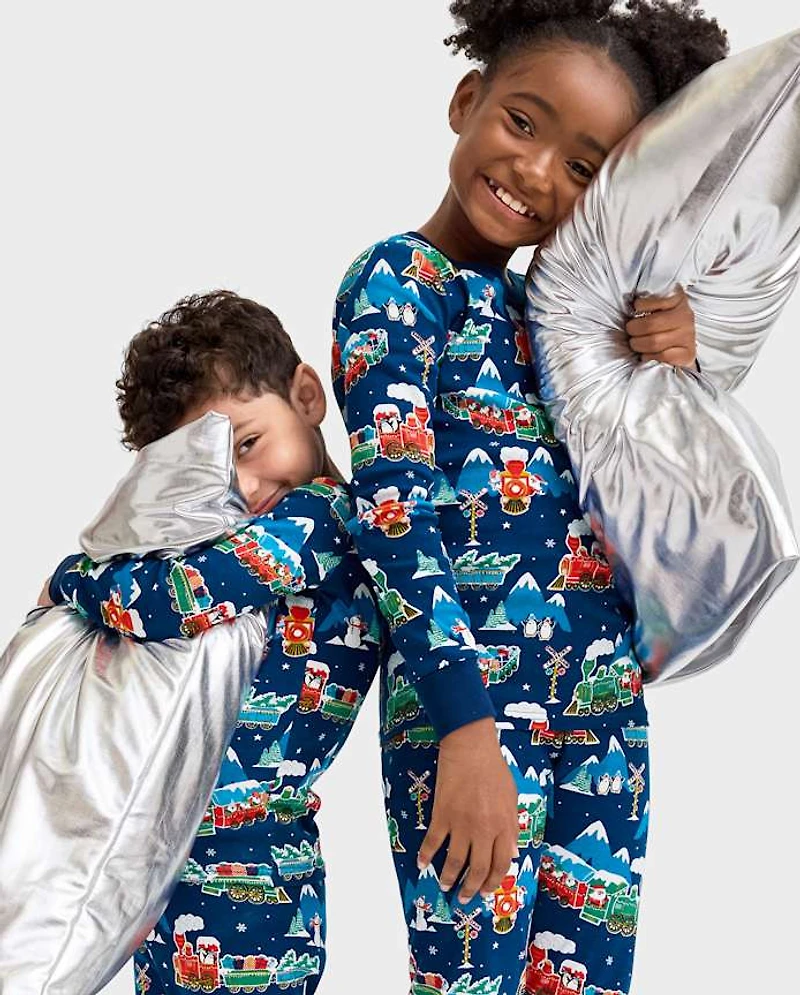 Pyjama en coton ajusté pour enfants, motif train de Noël lumineux