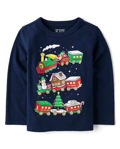 T-shirt graphique pour bébé et tout-petit garçon avec motif train village de Noël