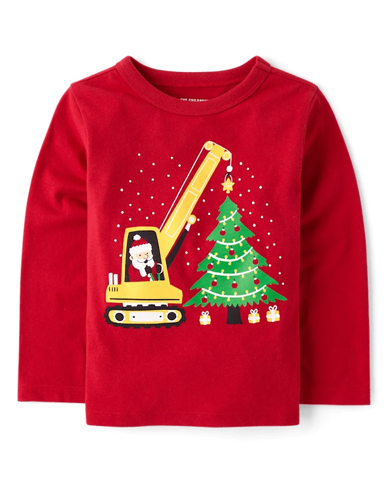 Baby And Toddler Boys Christmas Santa Construction Vehicle Graphic Tee
