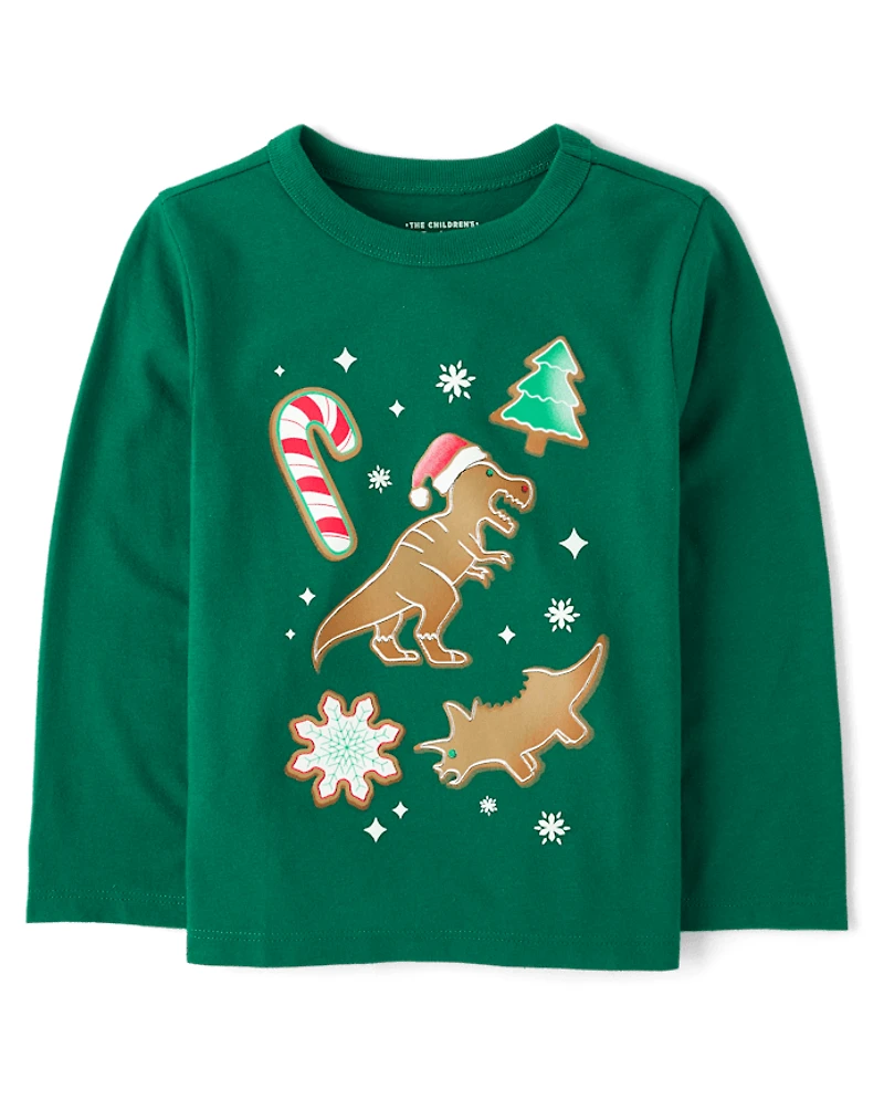 T-shirt graphique de Noël pour bébés et tout-petits garçons, motif dinosaures biscuits