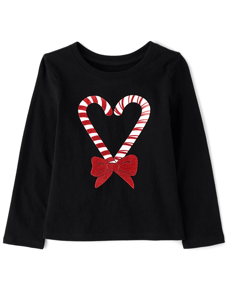 T-shirt graphique de Noël pour bébés et petites filles avec motif cannes bonbon