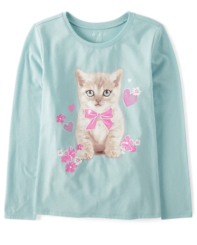 Girls Bow Cat Graphic Tee