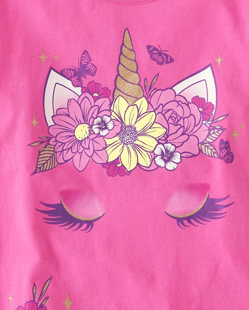 Girls Flower Crown Unicorn Graphic Tee