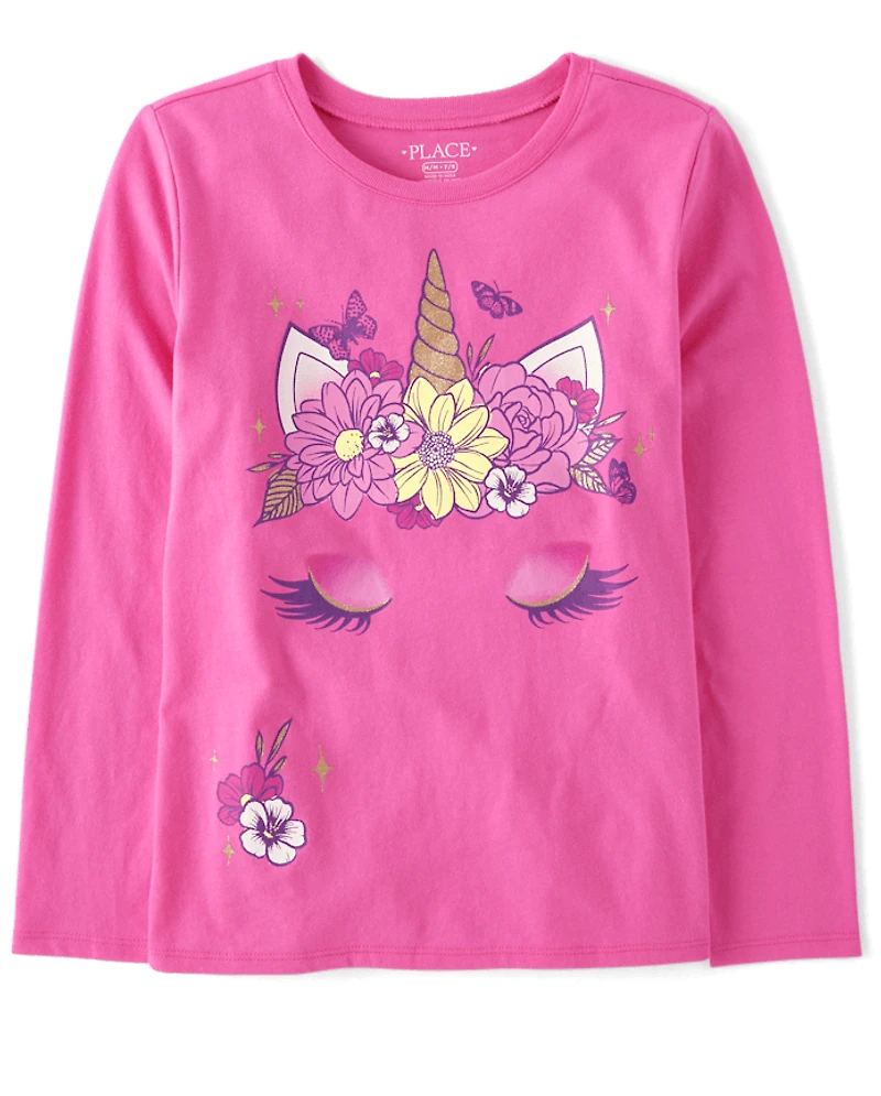 T-shirt graphique licorne à couronne de fleurs pour fille
