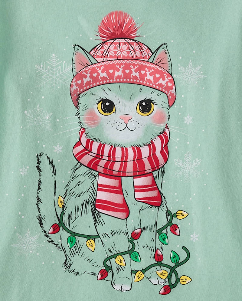 Girls Christmas Snow Cat Graphic Tee