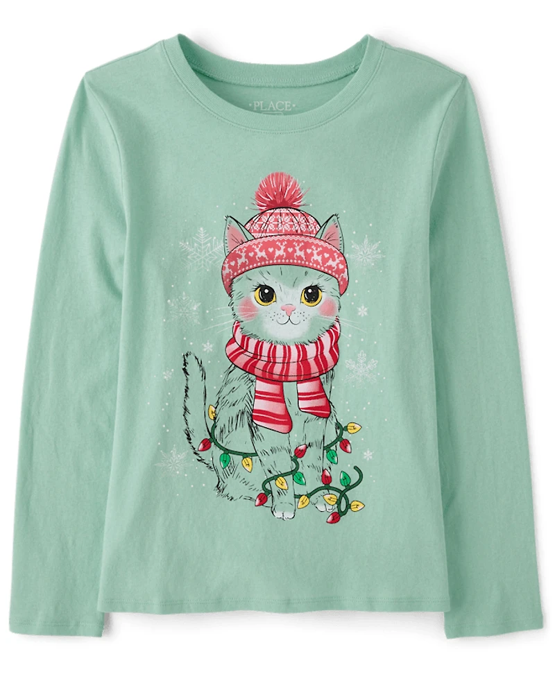 Girls Christmas Snow Cat Graphic Tee