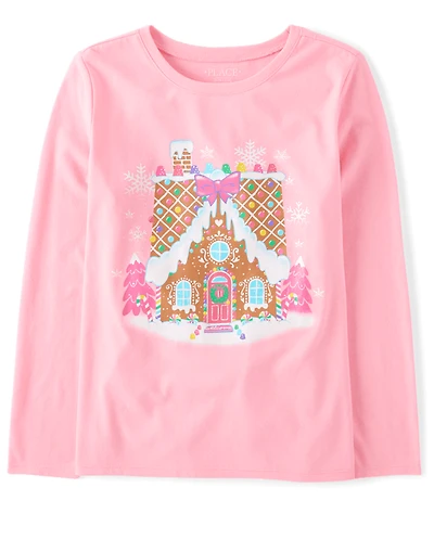 Girls Christmas Gingerbread House Graphic Tee