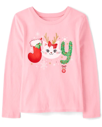 Girls Christmas Joy Cat Graphic Tee