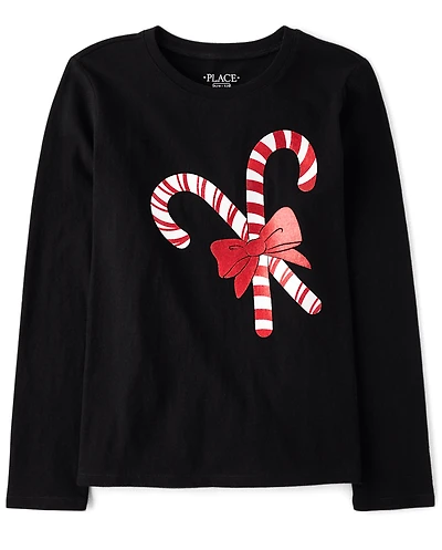 T-shirt graphique de Noël pour fille avec motif cannes bonbon