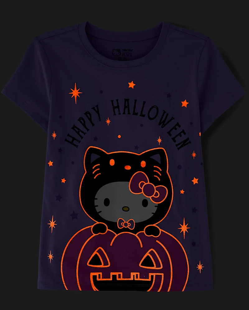 T-shirt graphique Hello Kitty® phosphorescent pour filles, motif Joyeux Halloween