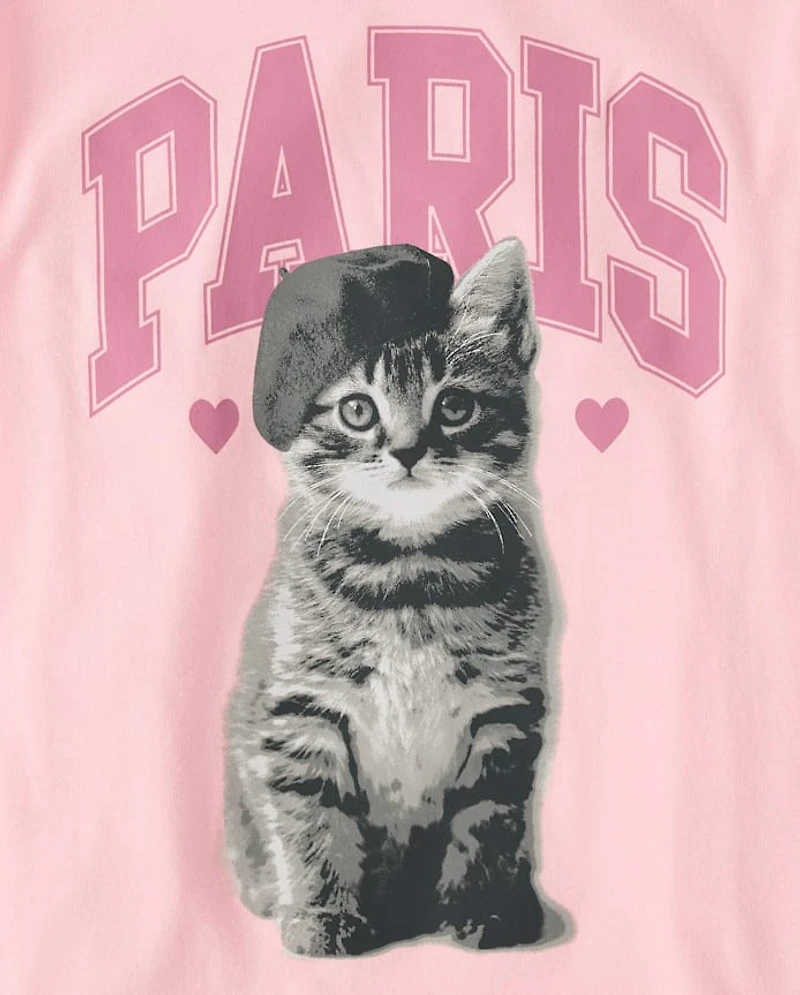 Girls Paris Cat Oversized Graphic Tee