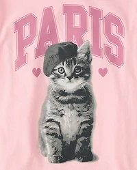 Girls Paris Cat Oversized Graphic Tee