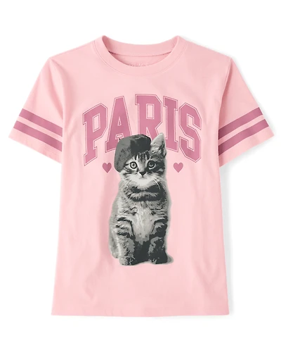 Girls Paris Cat Oversized Graphic Tee