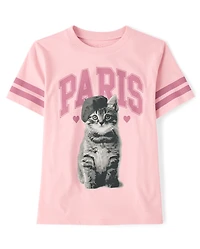 Girls Paris Cat Oversized Graphic Tee
