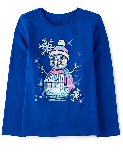Girls Disco Ball Snowman Graphic Tee