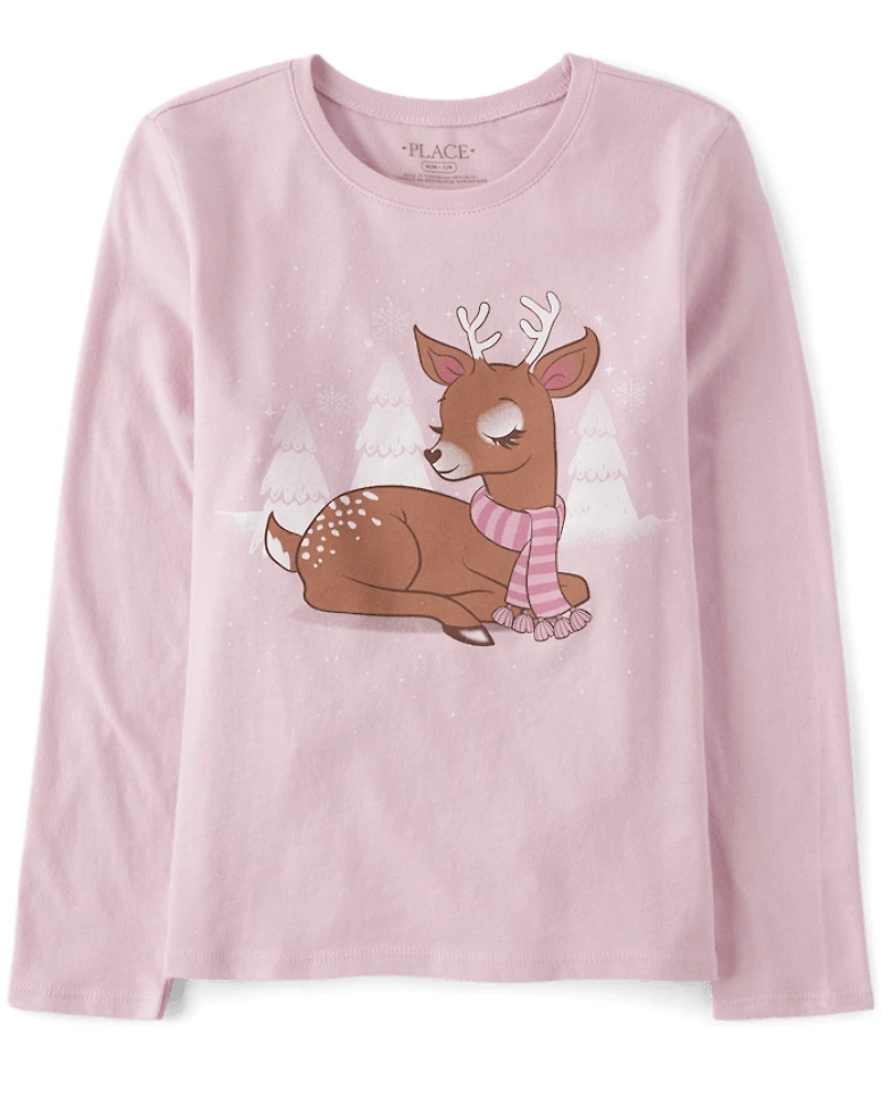 Girls Winter Deer Graphic Tee