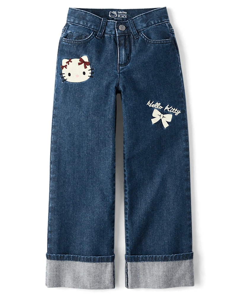 Girls Hello Kitty® Embroidered Roll Cuff Wide Leg Jeans