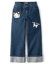 Girls Hello Kitty® Embroidered Roll Cuff Wide Leg Jeans
