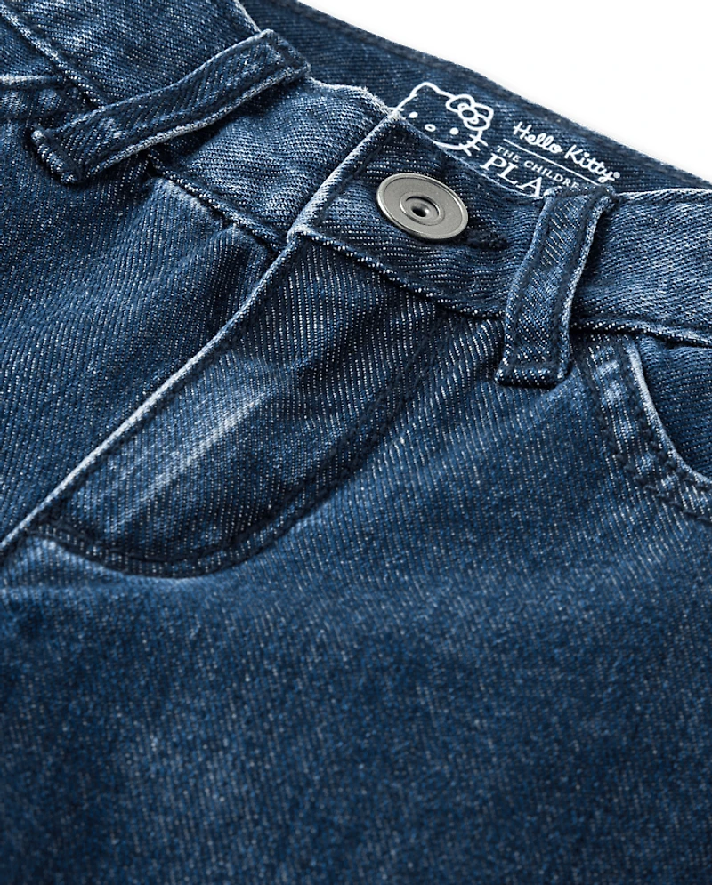 Girls Hello Kitty® Embroidered Roll Cuff Wide Leg Jeans