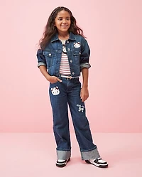 Girls Hello Kitty® Embroidered Roll Cuff Wide Leg Jeans