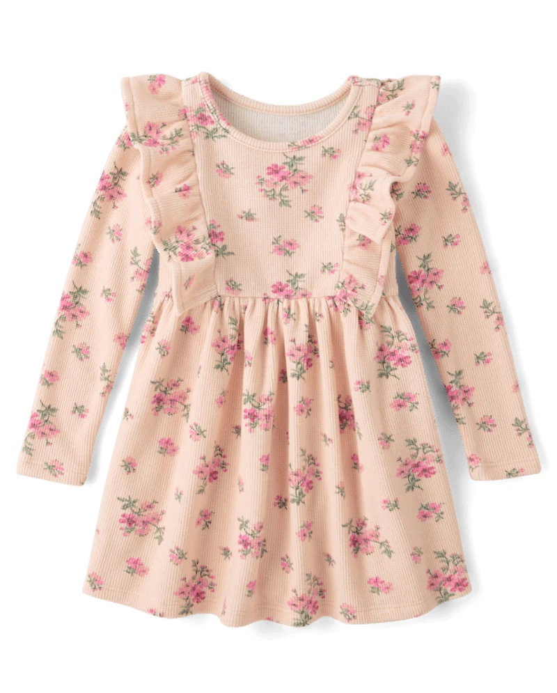 Baby And Toddler Girls Floral Plush Winter Waffle Thermal Babydoll Dress