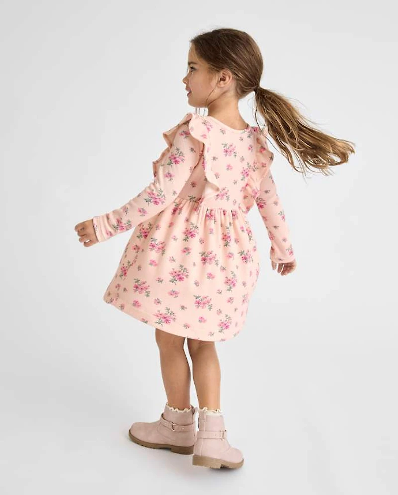 Baby And Toddler Girls Floral Plush Winter Waffle Thermal Babydoll Dress