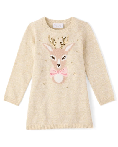 Baby And Toddler Girls Eyelash Reindeer Sweater Dress