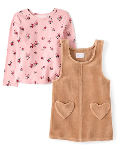Toddler Girls Floral Heart Skirtall 2-Piece Outfit Set