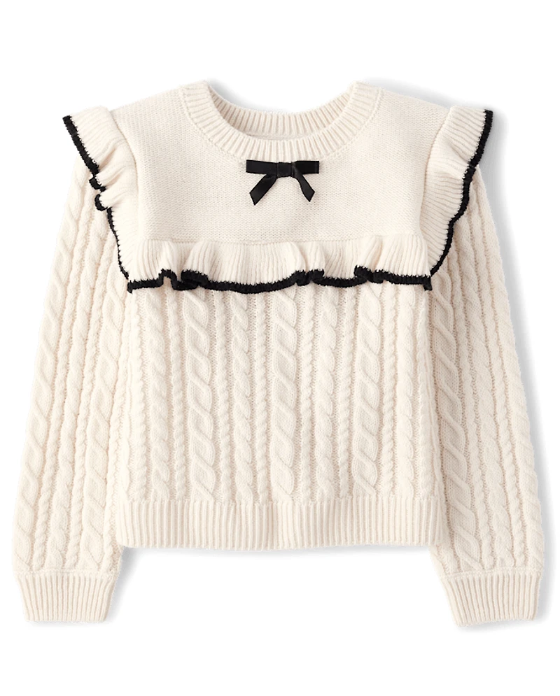Toddler Girls Bow Ruffle Cable Knit Sweater
