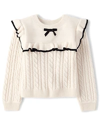 Toddler Girls Bow Ruffle Cable Knit Sweater
