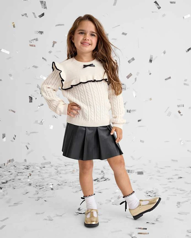 Toddler Girls Bow Ruffle Cable Knit Sweater