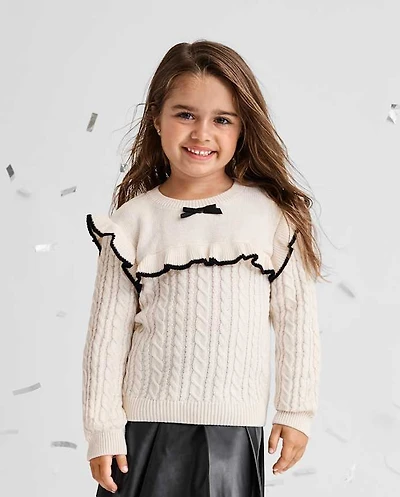 Toddler Girls Bow Ruffle Cable Knit Sweater