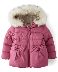 Toddler Girls Bow Heavyweight Faux Fur Lined Bubble Puffer Jacket