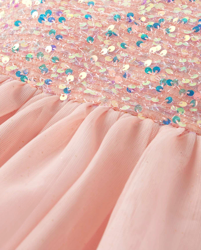 Girls Sequin Mesh Fit And Flare Dress