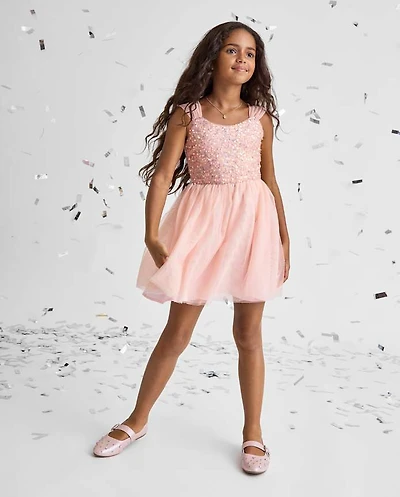 Girls Sequin Mesh Fit And Flare Dress