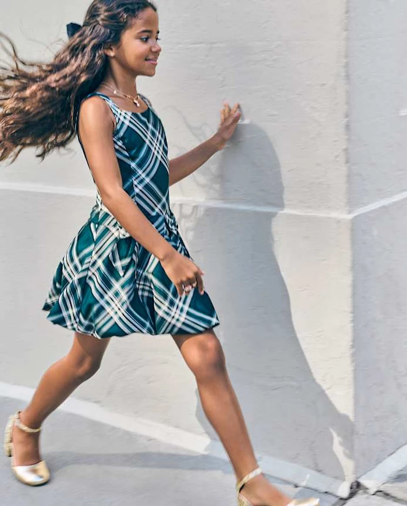 Girls Matching Family Plaid Bow Satin Bubble Dress