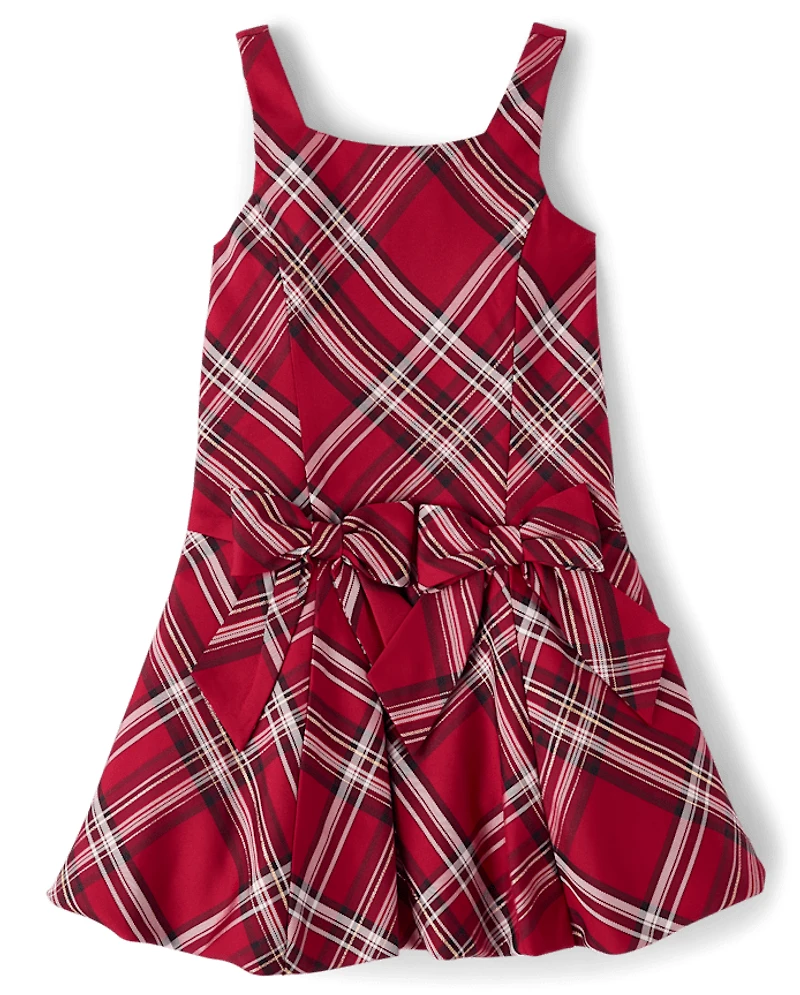 Girls Matching Family Plaid Bow Satin Bubble Dress