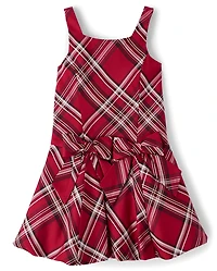 Girls Matching Family Plaid Bow Satin Bubble Dress