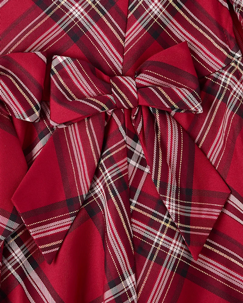 Girls Matching Family Plaid Bow Satin Bubble Dress