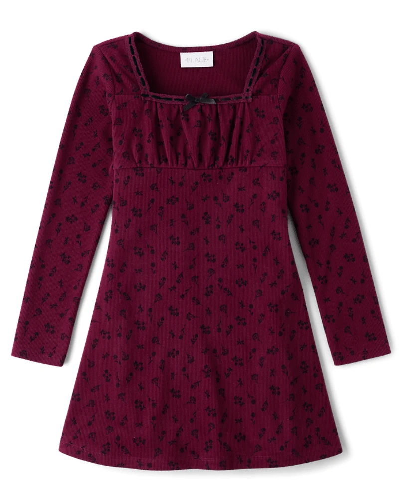 Girls Floral Sueded Rib Shift Dress